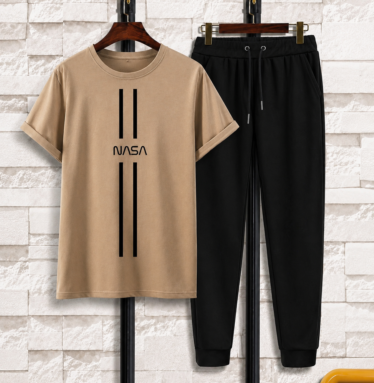 Men NASA Printed Track Suit Beige Black Polyester Summer Wear