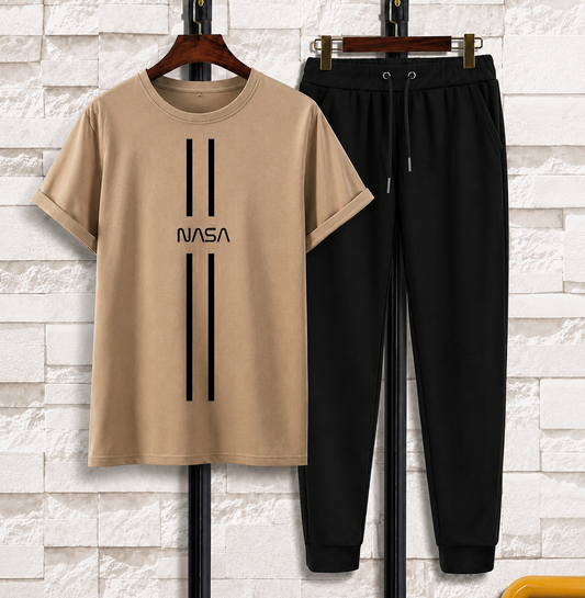 Men NASA Printed Track Suit Beige Black Polyester Summer Wear
